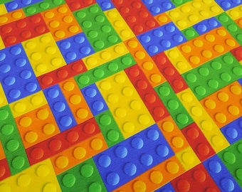 Tela de jersey de algodón, bloques de construcción, diseño, multicolor, verde, azul, rojo, naranja, amarillo, tela infantil, tela para vestidos