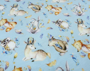 Fabric cotton jersey with forest animals deer foxes rabbits owls design blue brown colorful children's fabric dress fabric