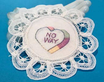 No Way! Candy Heart, Pastel Rainbow, Miniature Embroidered Patch or Wall Art on Small Vintage Lace Doily