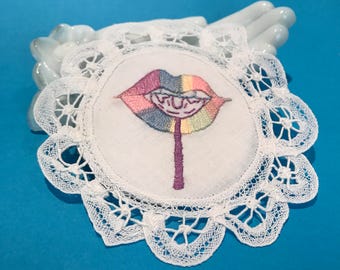 Lollipop Lips, Pastel Rainbow, Miniature Embroidered Patch or Wall Art on Small Vintage Lace Doily