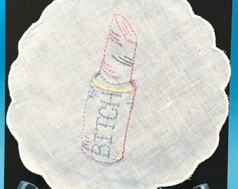 Bitch Lipstick, Pastel Rainbow, Hand-stitched embroidered illustration wall art on vintage lace