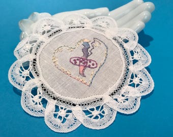 Broken Hearted, Pastel Rainbow, Miniature Embroidered Patch or Wall Art on Small Vintage Lace Doily