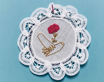 French Knot flower in hand, Miniature Embroidered Patch or Wall Art on Small Vintage Lace Doily