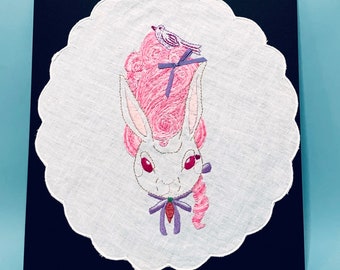 Marie Antoinette Bunny Pastel, Hand-stitched embroidered illustration wall art on vintage lace