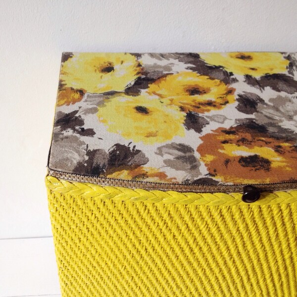 Vintage laundry basket, 1960s wicker storage with yellow floral print fabric top