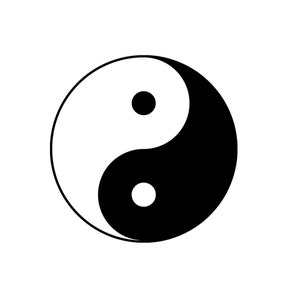 May include: A black and white yin yang symbol. The symbol is a circle with two halves, one black and one white. The black half has a white dot in the center, and the white half has a black dot in the center.