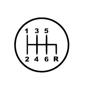 May include: A black and white illustration of a 6-speed manual transmission gear shift pattern. The numbers 1, 2, 3, 4, 5, and 6 are displayed in a circle, along with the letter "R" for reverse.