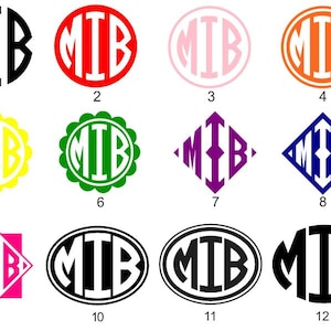 May include: Twelve different monogram designs featuring the letters "MIB" in various colors and styles. The designs include circles, ovals, diamonds, and scalloped shapes.