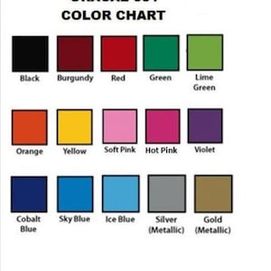 May include: Color chart for Oracal 651 vinyl, showing 15 different colors, including black, burgundy, red, green, lime green, orange, yellow, soft pink, hot pink, violet, cobalt blue, sky blue, ice blue, silver (metallic), and gold (metallic).