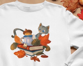Cozy Fall Tea And Books Cute Unisex Sweatshirt, Whimsical Autumn Illustrated Sweater, Kawaii Halloween Illustration Shirt, Cartoon Jumpers