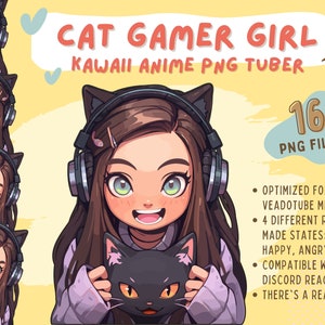 Kawaii Anime Cat Gamer Girl PNGTuber | Cute Ready Gaming VTuber Avatar For Streaming | Premade PNG Tuber Girl Twitch Discord Game Streamer
