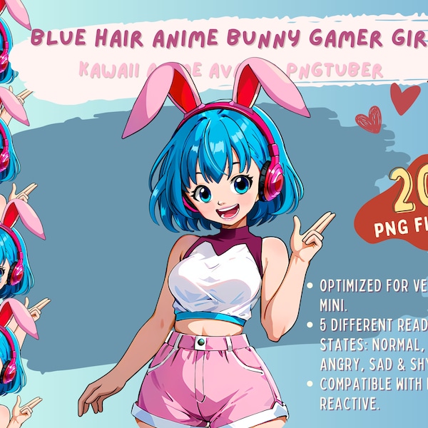 Beautiful Anime Bunny Gamer Girl With Short Blue Hair PNGTuber | Kawaii VTuber Streaming Avatar | Chibi Premade PNG Tuber Twitch YouTube