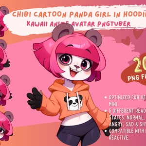 Chibi Energetic Cartoon Panda Girl In Crop Top Hoodie PNGTuber | Kawaii Anime Anthro Furry Streaming Avatar | Premade PNG Tuber Twitch Gamer