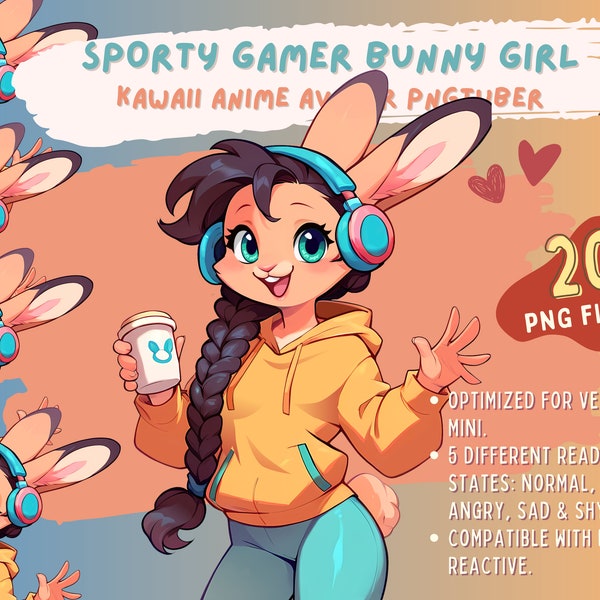 Cute Anime Sporty Gamer Girl Bunny PNGTuber | Kawaii Gaming VTuber Streaming Furry Anthro Avatar | Premade PNG Tuber Twitch YouTube Gaming