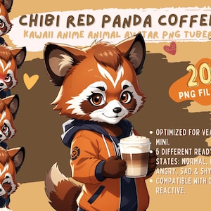 Kawaii Anime Red Panda Café PNGTuber / Lindo Animal Gaming VTuber Avatar para streaming / PNG prefabricado Tuber Latte Twitch Discord Game Stream