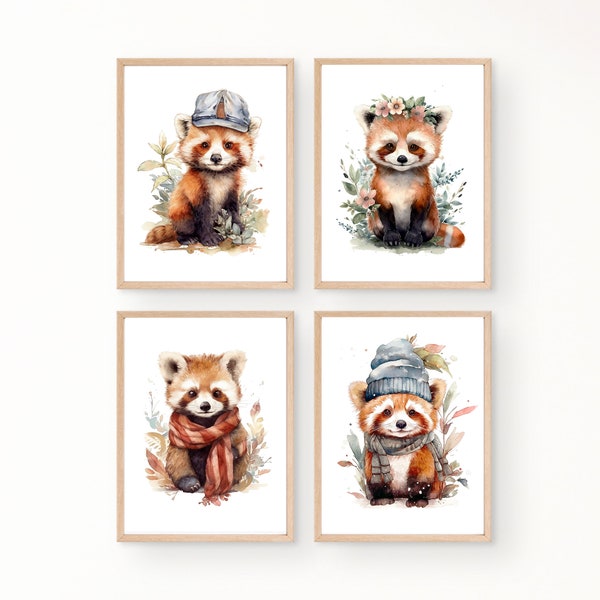 Ensemble de 4 Printable Red Panda Aquarelle Wall Art pour Nursery Decor - Boho Soft Color Theme - Seasons of the Year - Digital Downloadable