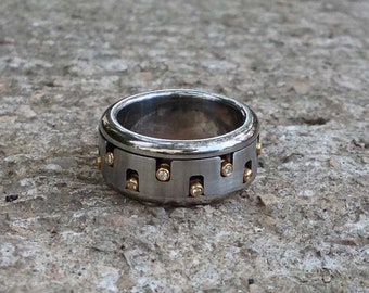 Mens Unique Ring ⦁ Men's Diamond Spinner Ring ⦁ Mixed Metal Jewelry ⦁ Stainless Steel 18k Gold Kinetic ⦁ Gear Ring ⦁ Fidget Ring Spin