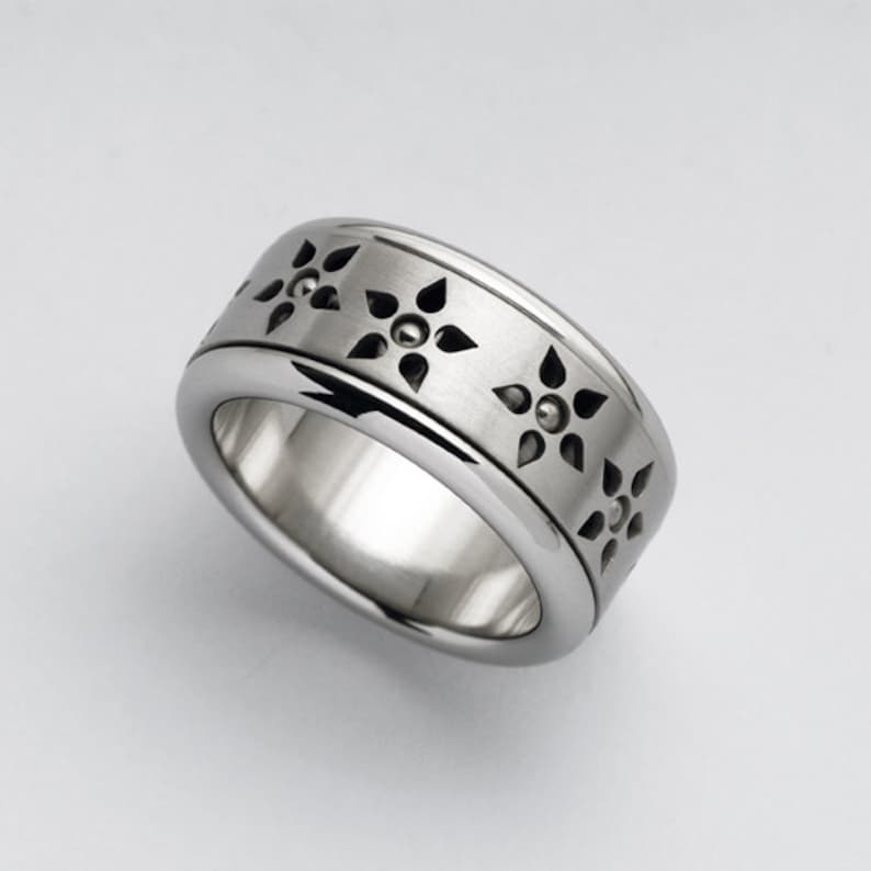 Flowers Ring \u2981 Wide Band for Women \u2981 Unique Womens Ring \u2981 Spinner Ring \u2981 Spinning Meditation Ring \u2981 Stainless Steel Ring \u2981 Statement Band