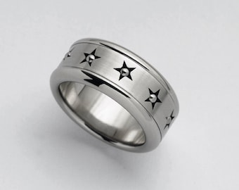 Unique Mens Womens Spinner Stars Ring, Stainless Steel Wedding Band, Cool Fidget Ring, Boho Jewelry, Anxiety Ring