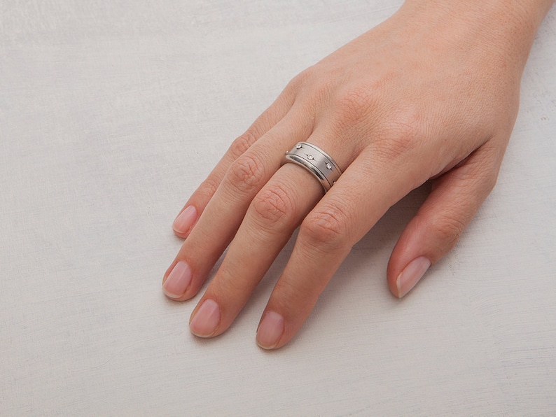 Flowers Ring \u2981 Wide Band for Women \u2981 Unique Womens Ring \u2981 Spinner Ring \u2981 Spinning Meditation Ring \u2981 Stainless Steel Ring \u2981 Statement Band