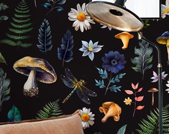 Dark Botanical Wallpaper, Forest Wallpaper, Vintage Mushroom Wallpaper, Mushroom Wallpaper, Removable Traditional Wallpaper, Wall Mural 033
