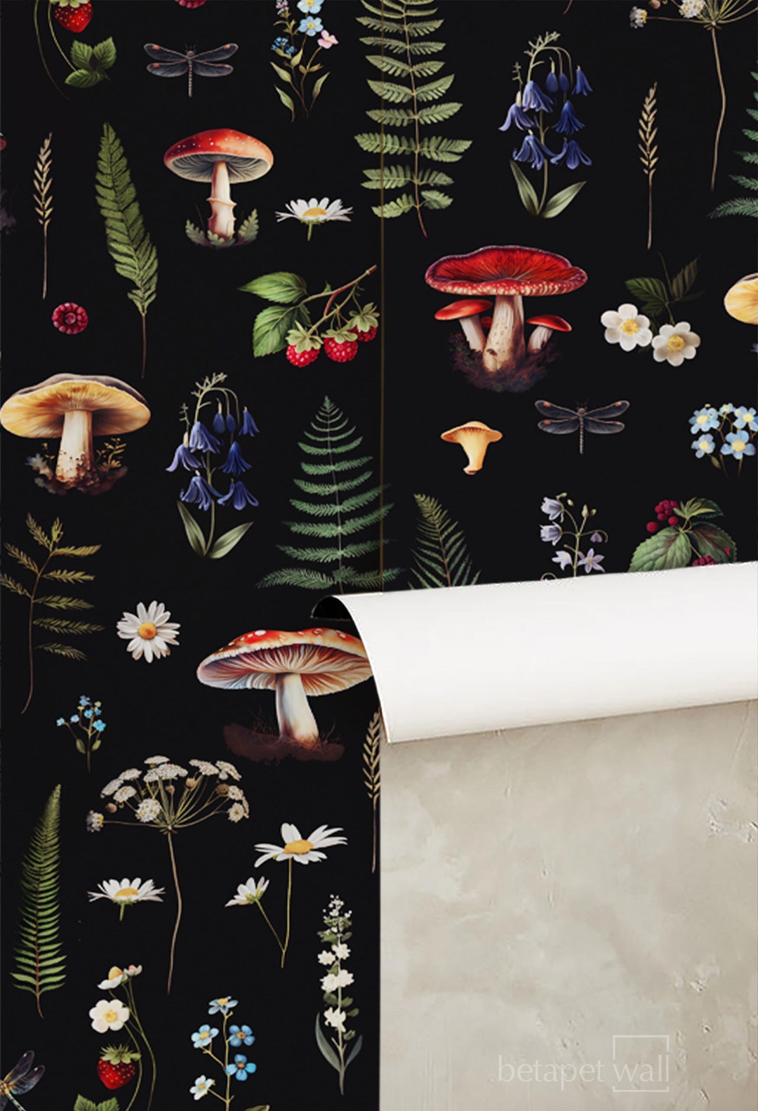 Dark Mushroom Wallpaper, Mushroom Wallpaper, Peel and Stick Wallpaper