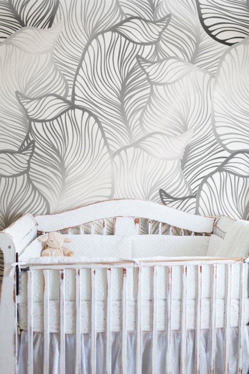 GREY Leaf Wallpaper Exotic Leaves Wallpaper Large Leaf Wall Etsy