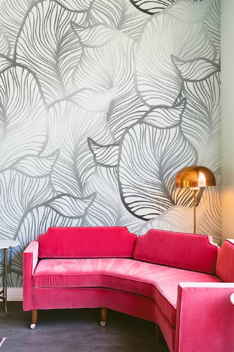 GREY Leaf Wallpaper Exotic Leaves Wallpaper Large Leaf Wall Etsy