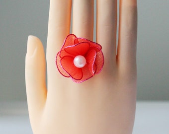 VALENTINE DAY! Red Unique Rings - Sakura, Adjustable, Flower, Jewelry