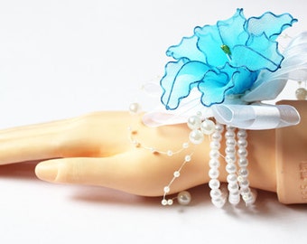 Valentine's Day! Blue Wrist Corsage - Nylon Flower, Wristlet, Bracelet