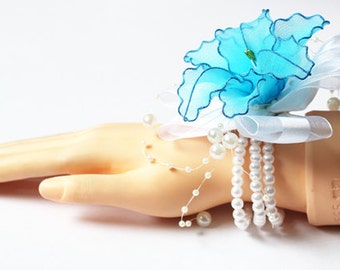 ¡San Valentín! Ramillete de muñeca azul - Flor de nailon, pulsera, brazalete