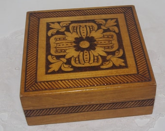 Polish Wooden Jewelry Box Ornament wood box brass inlay Trinket Box Flowers Hand Tooled Handmade Box hand carved box inlaid Poland floral