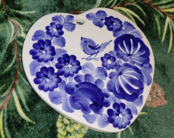 Decorative folk plate hand painted traditional wall dish White Blue Flowers Bird Polish pottery Wall hanging Polish ceramics Wloclawek