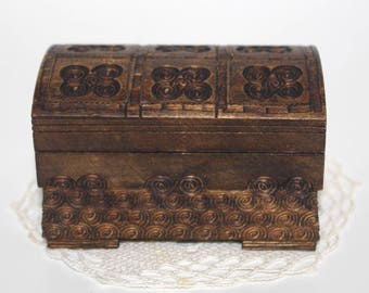 Small Wooden Jewelry Box, Polish Metal Ornament Treasury Box brass inlay Trinket Box Hand made carved box crafted folk box flower Poland