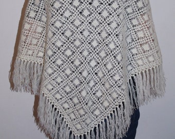 White wool crochet triangle shawl Jewish wrap floral shawl cowl granny shawl crochet cape hippie lace shawl Flamenco Wedding Bridal shawl