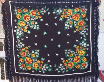 Unique Big Black Polish 70's shawl with fringes, Floral shawl, Roses Russian shawl, Ukrainian Shawl Folk Scarf with Tassel, flowers Bohemian