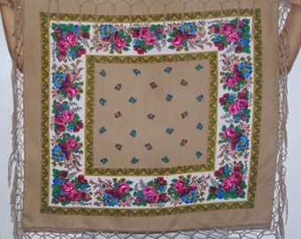 Polish brown shawl with fringes Vintage Ukrainian Shawl Floral Flower Folk Russian Scarf with Tassels Shawl with Fringes Wedding Bridal