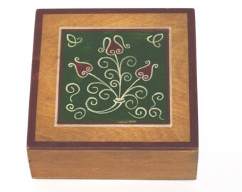 Vintage Wooden Jewelry Box, Ornament wood box, Trinket Box, Hand Tooled Handmade Box hand carved hand painted flowers Polish Folk Art 70s