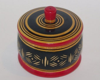Vintage Soviet Black Wooden Rounded Jewelry Box Ornament wood box Round Treasury Box with Lid Trinket Box Handmade Hand carved Hand painted