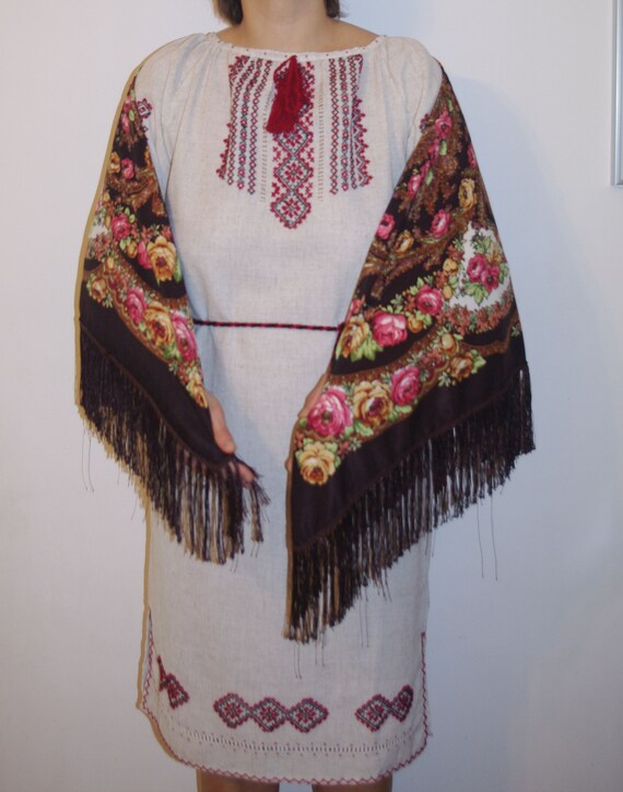 Huge brown floral shawl with fringes Polish shawl… - image 7