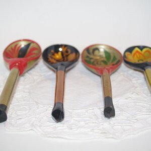 Set of 4 Russian Wooden Spoons Black Golden Khokhloma painting Handmade Spoon Rest Soviet Russian national ornament vintage Russian Folk Art image 5