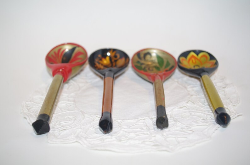 Set of 4 Russian Wooden Spoons Black Golden Khokhloma painting Handmade Spoon Rest Soviet Russian national ornament vintage Russian Folk Art image 5