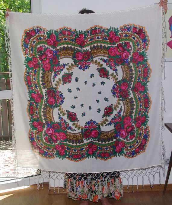 Huge white shawl with fringes Polish shawl Vintage
