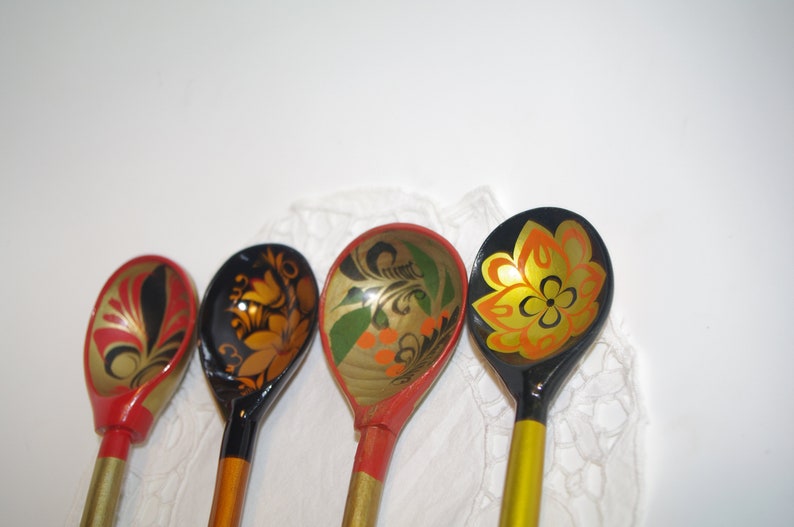 Set of 4 Russian Wooden Spoons Black Golden Khokhloma painting Handmade Spoon Rest Soviet Russian national ornament vintage Russian Folk Art image 2