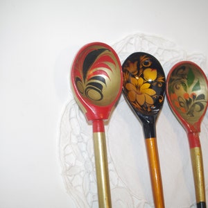 Set of 4 Russian Wooden Spoons Black Golden Khokhloma painting Handmade Spoon Rest Soviet Russian national ornament vintage Russian Folk Art image 3