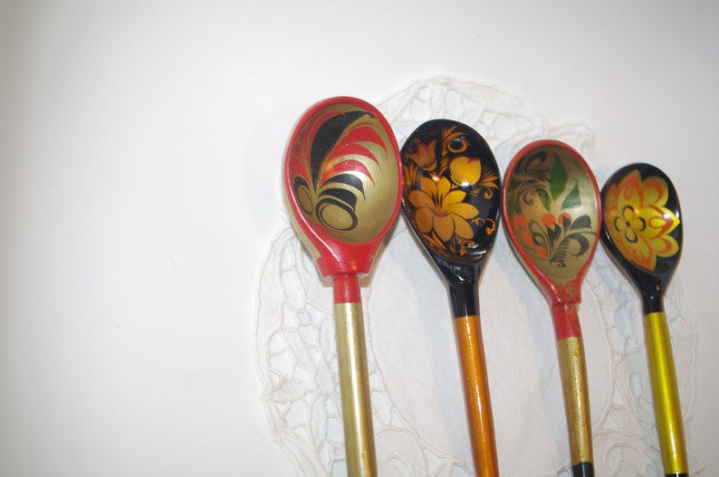 Set of 4 Russian Wooden Spoons Black Golden Khokhloma painting Handmade Spoon Rest Soviet Russian national ornament vintage Russian Folk Art image 3