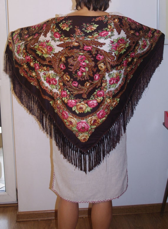 Huge brown floral shawl with fringes Polish shawl… - image 4