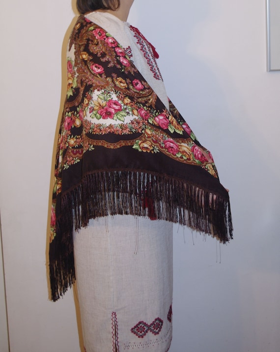 Huge brown floral shawl with fringes Polish shawl… - image 6