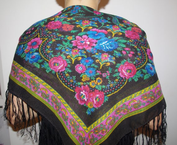 Polish black shawl with fringes Bohemian shawl Rus