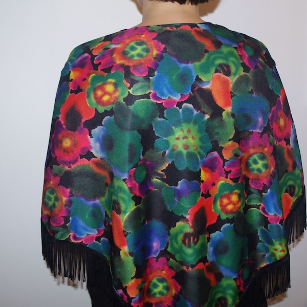 Black Floral Shawl Fringes psychedelic flowers Shoulder Wrap Soviet Triangle Shawl Evening Wrap Bohemian Shawl Hippie shawl Boho chic shawl